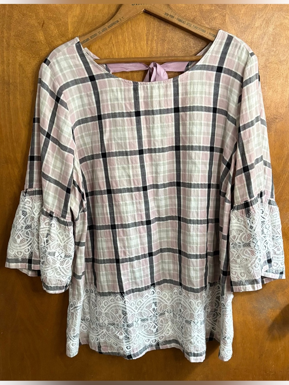 Pink Plaid Lace Bell Sleeve Tunic Top Coquette Fairy Preppy Mcbling Academia